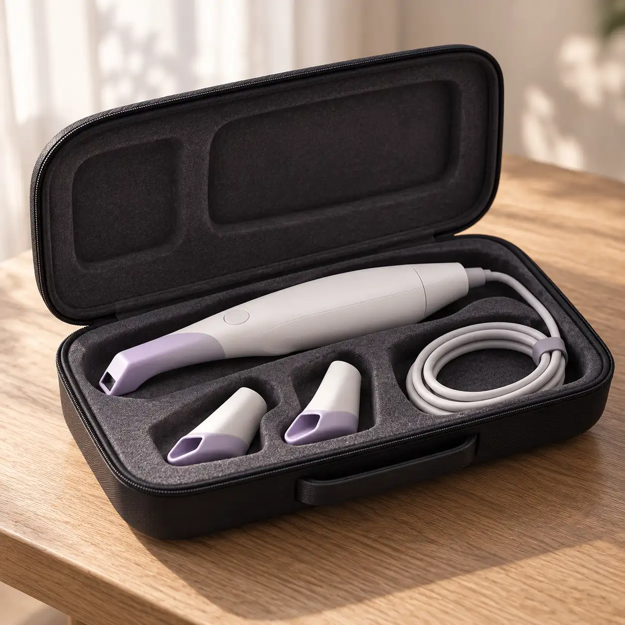 The HomeScan case, open, on a domestic table.