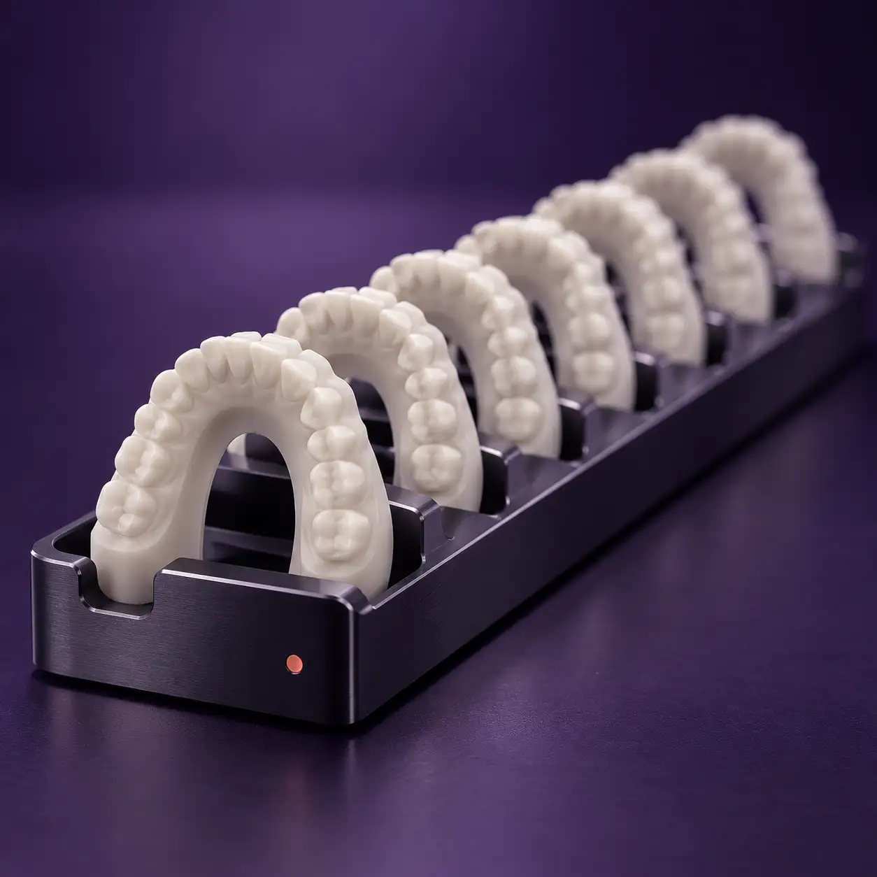 A production tray of sequential dental arch models.