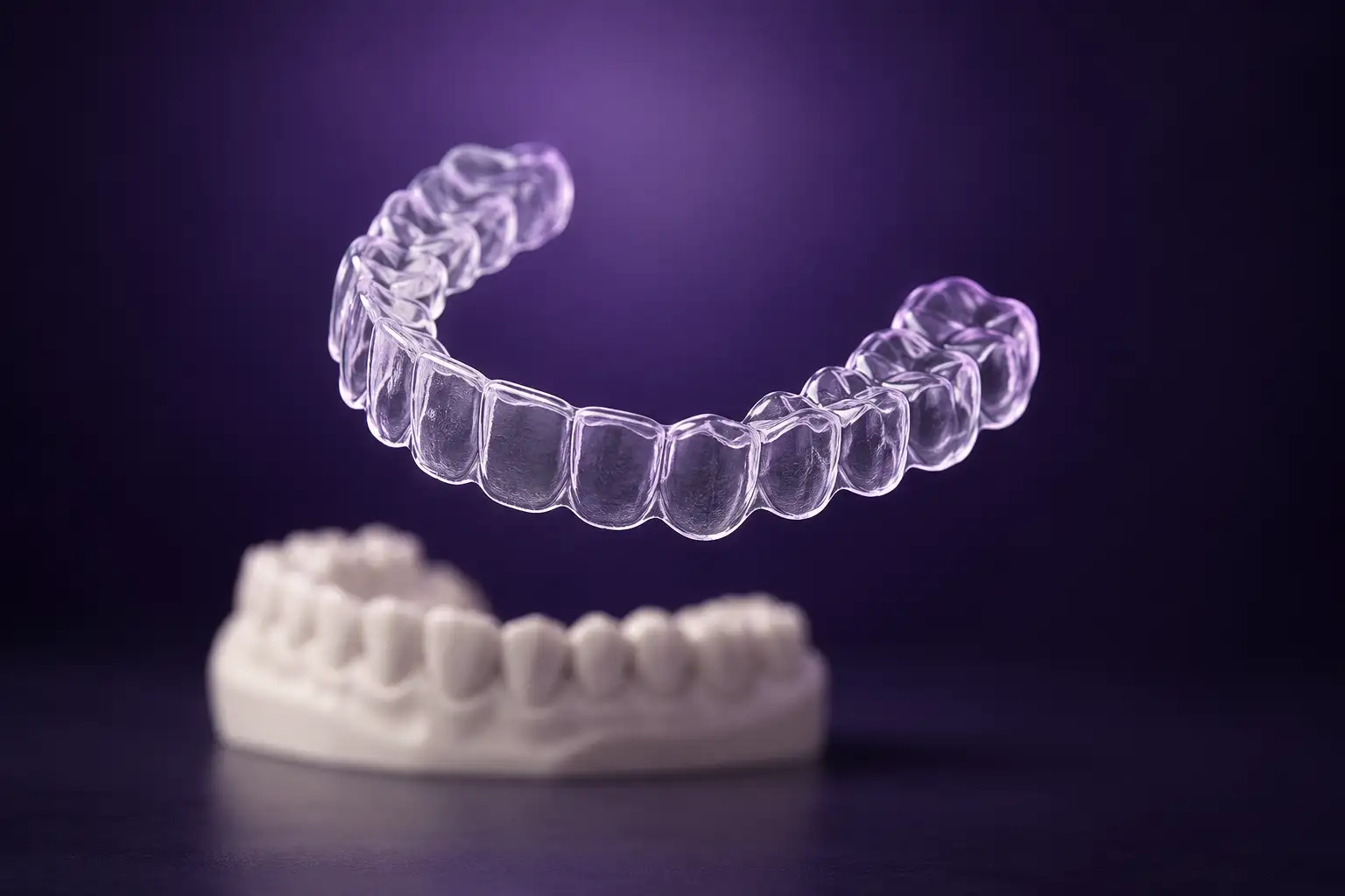 A single clear aligner presented as the hero object, on deep plum-violet.